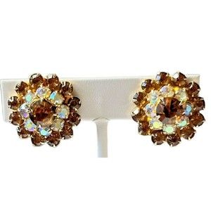 Weiss Aurora Borealis and smokey brown Rhinestone Clip On Earrings Signed VTG